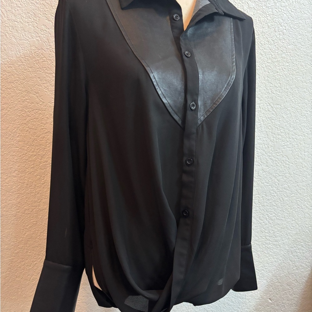 Gracia Black Blouse with Faux Leather & Twist Hem Details - Picture 2 of 10